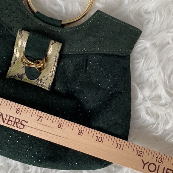 Vegan leather purse dark green w/goldtone “bracelet” ring handle; ostrich, snake - Picture 9 of 14
